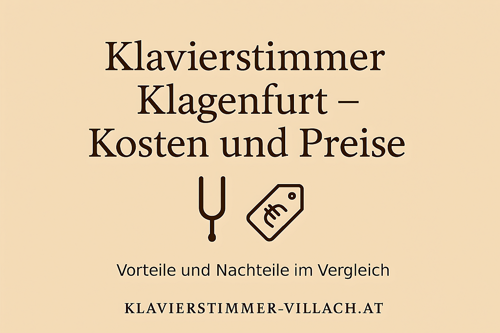 Elegantes Klavier mit Preis- und Stimmungs-Icons auf beigem Hintergrund – Informationen zu Klavierstimmer-Kosten in Klagenfurt.